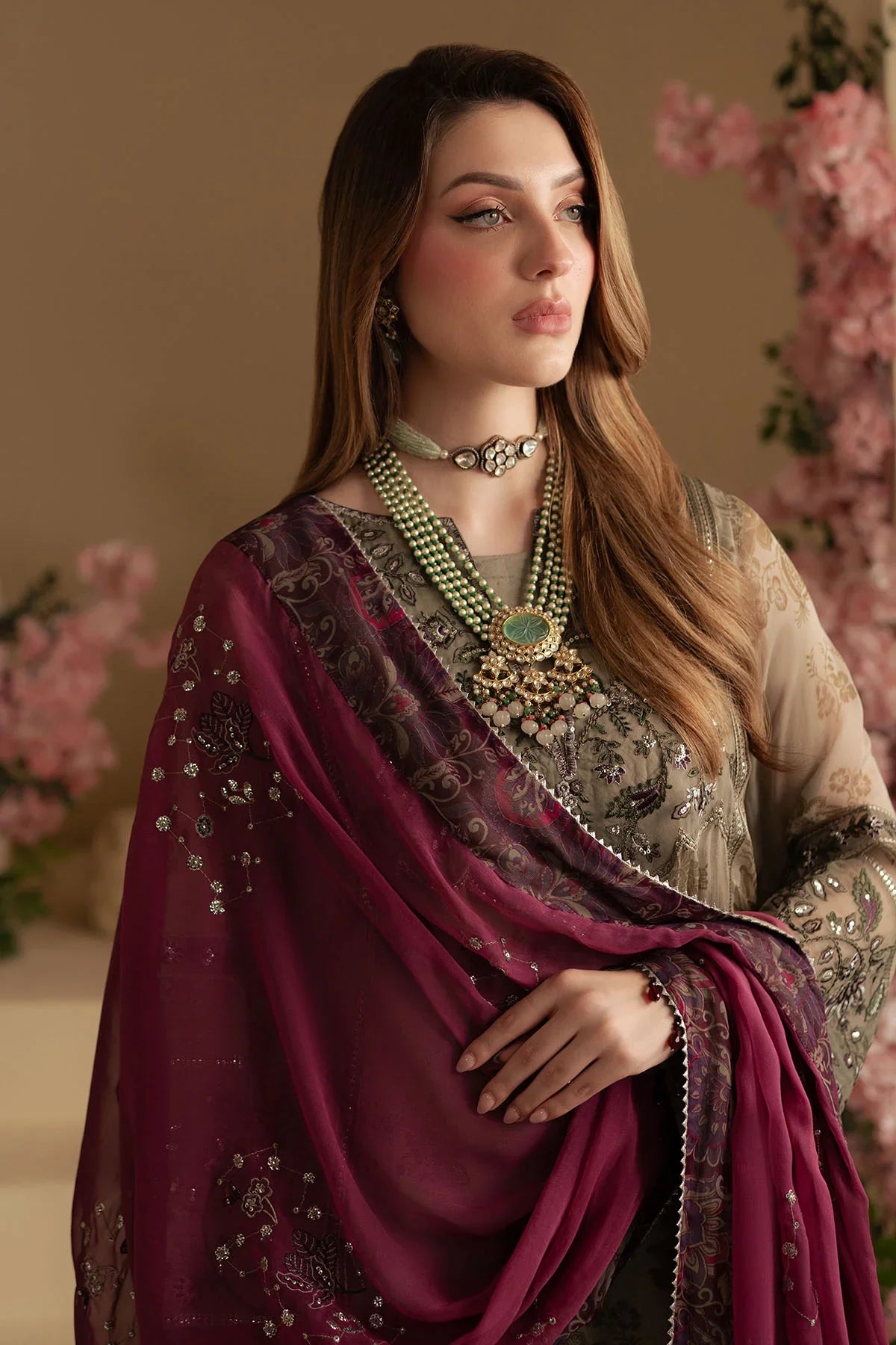 Nureh AM-15 Unstitched Embroidered Luxury Formal Dress – Elegant Beige & Gold | Rouge Cosmetics Pakistan