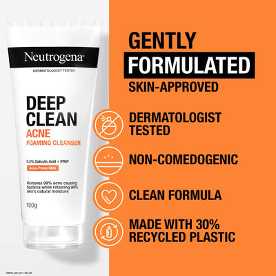 Neutrogena Deep Clean Acne Foaming Cleanser – 40g | Salicylic Acid Face Wash for Acne-Prone Skin